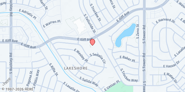 Map showing New Life Community Church at 17690 E. Iliff Ave., Aurora, CO