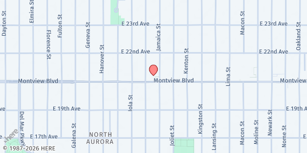 Map showing One Accord Ministries International at 2001 Jamaica St, Aurora, CO
