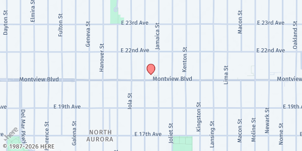 Map showing One Accord Ministries International at 2001 Jamaica St., Aurora, CO