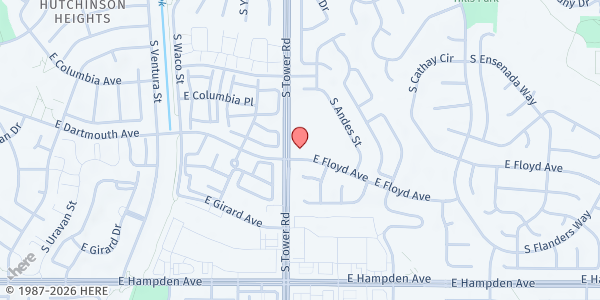 Map showing Peace with Christ Lutheran Church at 3290 S. Tower Rd., Aurora, CO