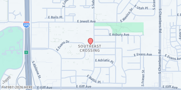 Map showing Pure Apostolic Works at 14485 E Evans Ave, Aurora, CO