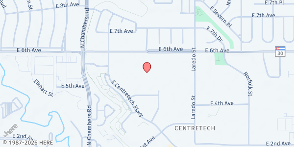 Map showing Restoration Christian Fellowship at 15640 E 6th Ave, Aurora, CO