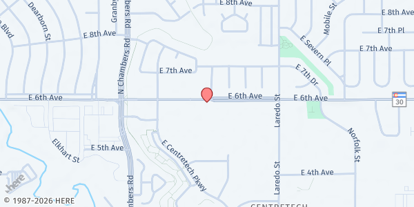 Map showing Restoration Christian Fellowship - Food Bank of the Rockies Mobile Pantry at 15640 E 6th Ave, Aurora, CO