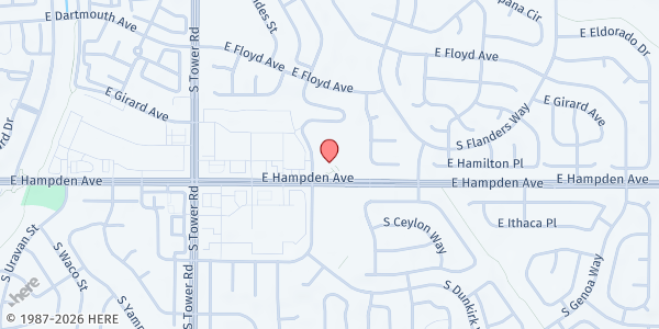 Map showing St. Paul Presbyterian Church Food Pantry at 18901 E Hampden Ave, Aurora, CO