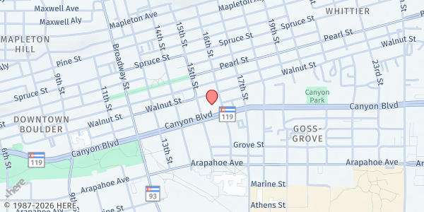 Map showing Grace Commons Church of Boulder at 1820 15th St., Boulder, CO