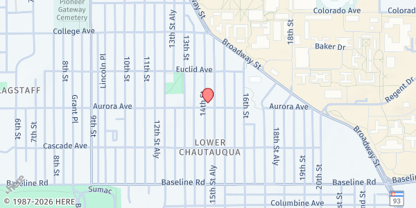 Map showing St. Thomas Aquinas University Parish at 904 14th St., Boulder, CO