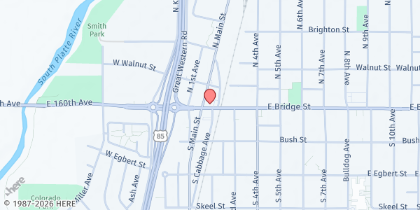 Map showing Calvary Chapel Food Bank at 103 E. Bridge St., Brighton, CO