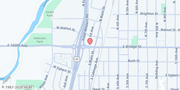 Map showing Calvary Chapel Food Bank - Food Distribution Center at 103 E Bridge St, Brighton, CO