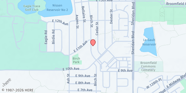 Map showing The Salvation Army Broomfield Corps at 1080 Birch St, Broomfield, CO