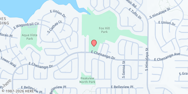 Map showing Hope Starts Here Food Bank - The Porch Church at 19401 E Chenango Dr, Centennial, CO