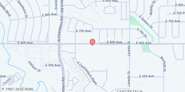 Map showing Sharing Our Blessings Food Pantry at 15620 East 6th Avenue, Centretech, CO