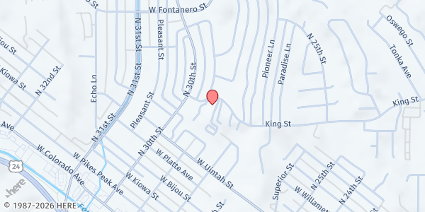 Map showing Calvary Worship Center at 501 Castle Rd., Colorado Springs, CO