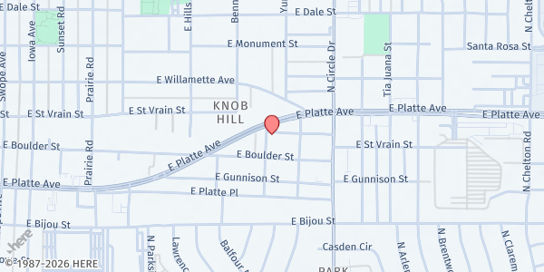 Map showing Centro Mundial De Alabanza at 2601 E St Vrain St, Colorado Springs, CO