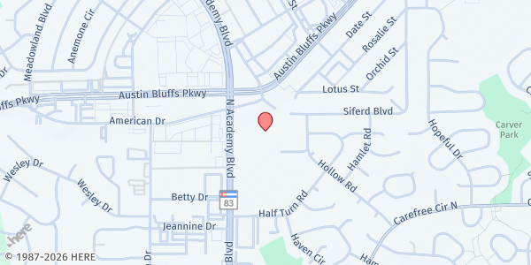 Map showing Crossfire Ministries at 3975 N Academy Blvd, Colorado Springs, CO