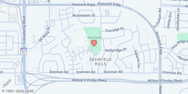 Map showing Deerfield Community Center at 4290 Deerfield Hills Rd, Colorado Springs, CO