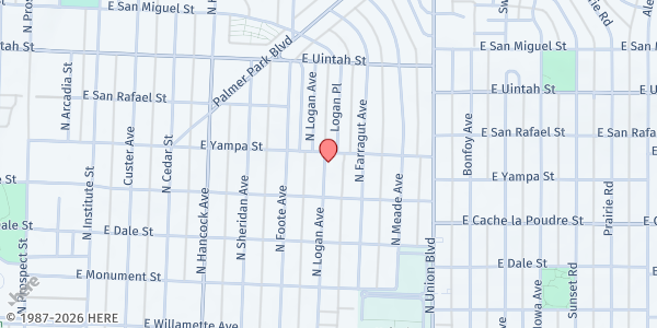 Map showing Divine Redeemer Catholic Church at 927 N Logan Ave, Colorado Springs, CO