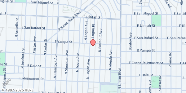 Map showing Divine Redeemer Catholic Church at 927 N. Logan Ave., Colorado Springs, CO