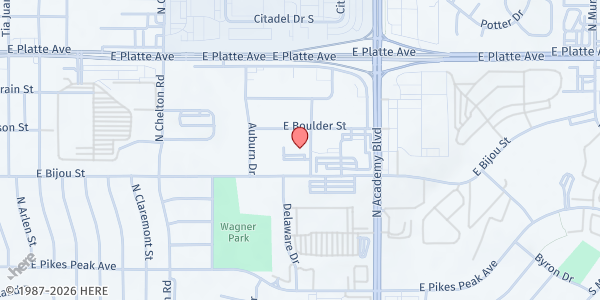 Map showing Iglesia Nueva Vida at 124 Delaware Dr, Colorado Springs, CO