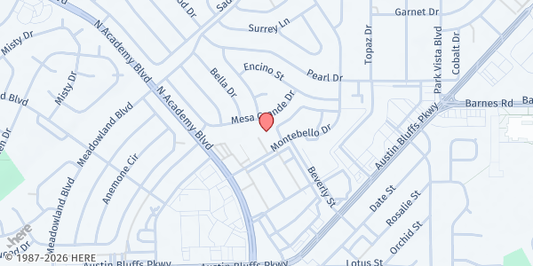 Map showing Mercy's Gate at 4360 Montebello Dr, Colorado Springs, CO
