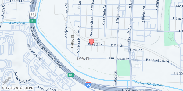 Map showing Mill Street Neighborhood - Mobile Pantry Stop at 1000 Sahwatch St., Colorado Springs, CO