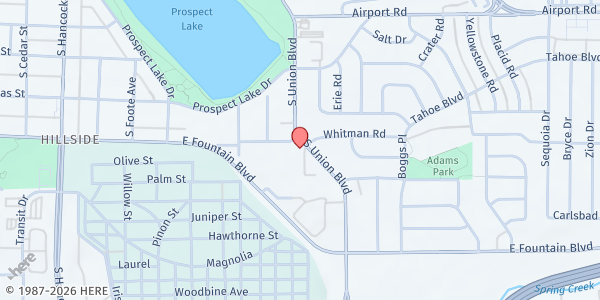 Map showing Open Bible Baptist Church at 824 S. Union Blvd., Colorado Springs, CO
