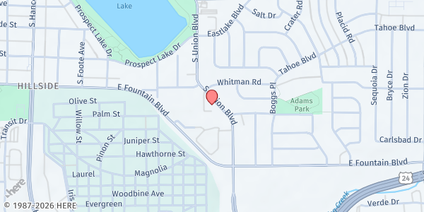 Map showing Open Bible Baptist Church – In His Name Food Pantry at 824 S Union Blvd, Colorado Springs, CO
