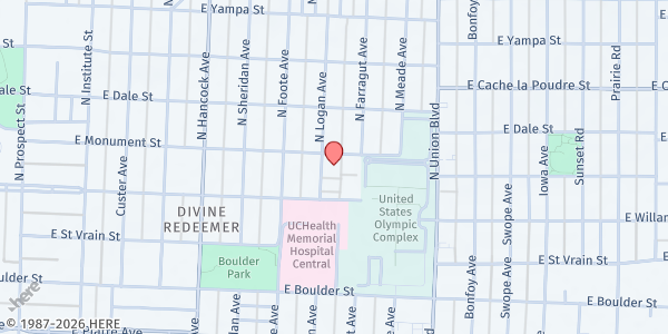 Map showing Pike’s Peak Biker’s Church at 1505 E Monument St, Colorado Springs, CO