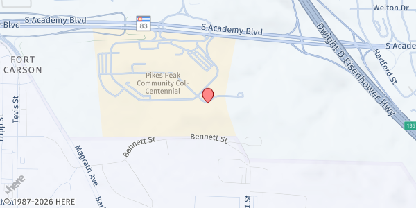 Map showing Pikes Peak State College at 5675 South Academy Blvd, Colorado Springs, CO