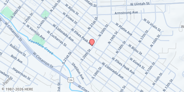Map showing Sacred Heart Catholic Church Food Pantry at 2021 W. Pikes Peak Ave., Colorado Springs, CO