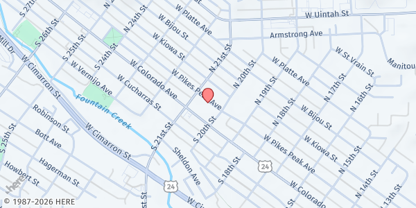 Map showing Sacred Heart Parish Food Pantry at 2021 W Pikes Peak Ave, Colorado Springs, CO