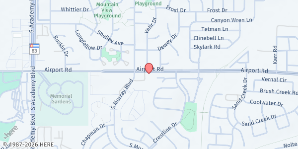 Map showing Southeast Baptist Church at 4387 Airport Road, Colorado Springs, CO