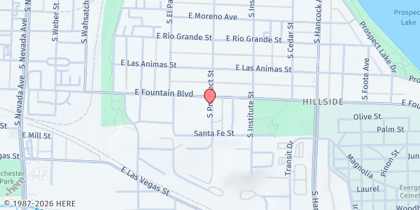 Map showing St. John's Baptist Church at 902 S. Prospect St., Colorado Springs, CO