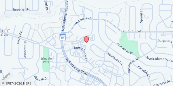 Map showing St. Patricks Catholic Church at 6455 Brook Park Dr, Colorado Springs, CO