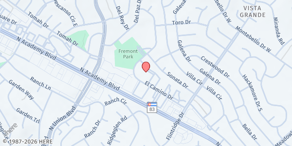 Map showing Trinity Church of the Nazarene at 5055 El Camino Dr., Colorado Springs, CO