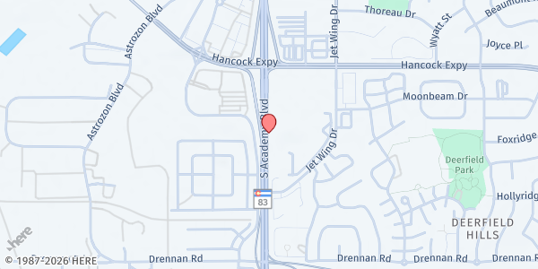 Map showing WeeCycle - Solid Rock CommUnity Food Pantry at 3217 S Academy Blvd, Colorado Springs, CO