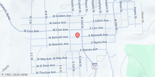 Map showing Aspen Mine Center at 166 E Bennett Ave, Cripple Creek, CO