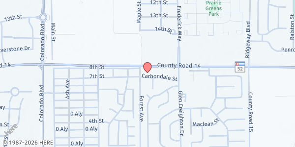 Map showing New Horizons Christian Church at 701 Carbondale Dr., Dacono, CO