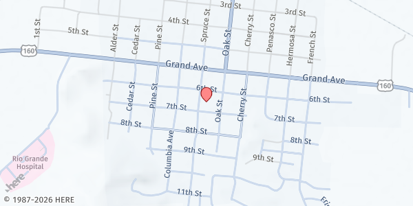 Map showing Del Norte/South Fork Food Bank at 630 Spruce St., Del Norte, CO