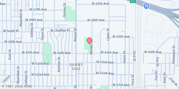 Map showing Aztlan Recreation Center at 4435 Navajo St., Denver, CO