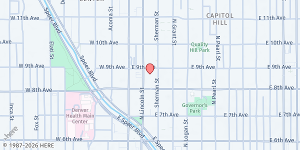 Map showing Christ's Body Ministries at 850 Lincoln St., Denver, CO