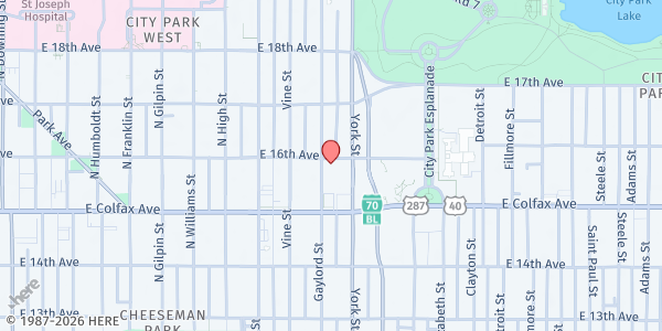Map showing Church in the City - Beth Abraham at 1580 N Gaylord St, Denver, CO