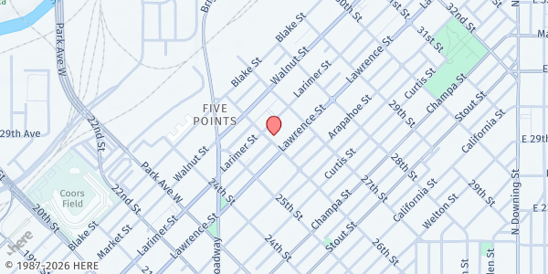 Map showing City Harvest Food Bank - Larimer Street at 2600 Larimer St, Denver, CO