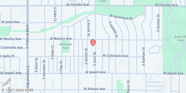 Map showing Community Ministry at 1755 S Zuni St, Denver, CO