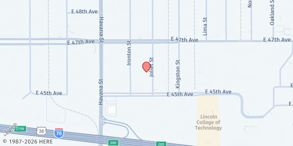 Map showing Crossroads Community Center at 4575 Joliet St., Denver, CO