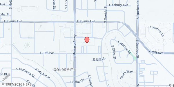 Map showing DDIC - Food Pantry at 6700 E Warren Ave. Suite E, Denver, CO