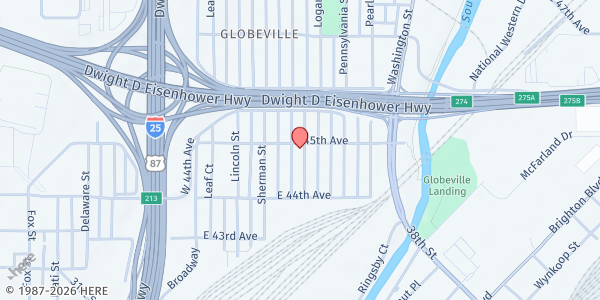 Map showing Denver Food Rescue - Birdseed Collective at 4496 Grant St., Denver, CO