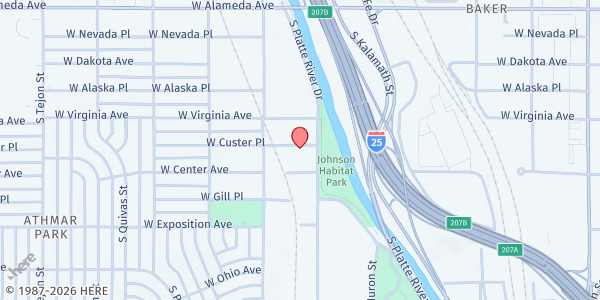 Map showing Denver Food Rescue- Iglesia Amistad at 1140 W. Custer Pl., Denver, CO