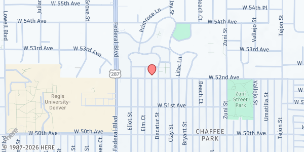 Map showing Denver Food Rescue- Sister Gardens at Aria at 2861 W. 52nd Ave., Denver, CO