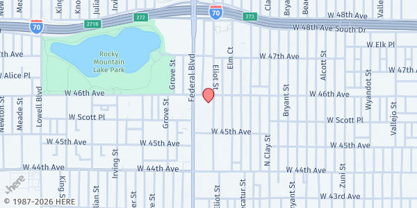 Map showing Denver Friends Church - Parking Lot Distribution at 4595 Eliot St., Denver, CO