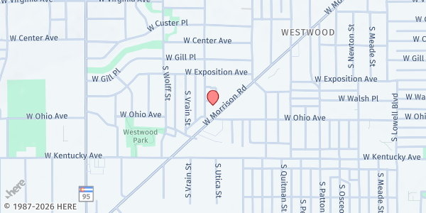 Map showing Denver Indian Center at 4407 Morrison Rd, Denver, CO
